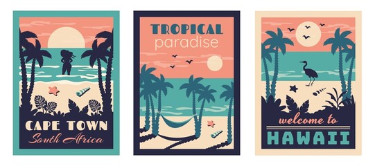Set of summer beach vintage card. Summer background. Tropical seascape with silhouettes of girl, palms, flamingo, hammock. Vector flat illustration for travel, vacation holidays, poster