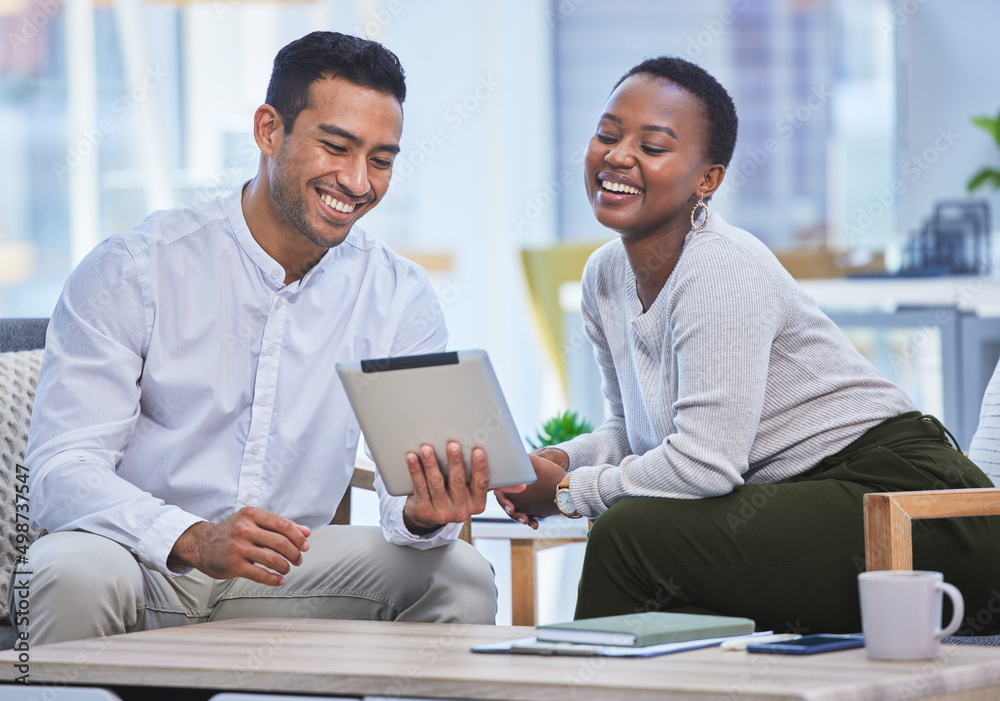 Poster were proud of everything weve collaborated on. shot of two businesspeople discussing something on a 