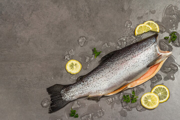 Raw trout carcass with ice on a grey stone concrete background. Sea fish, healthy food