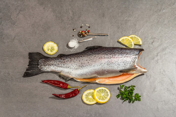 Raw trout carcass with spices and herbs on a grey stone concrete background. Sea fish, healthy food