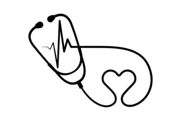 Abstract stethoscope with heart rate, ekg line design isolated on white background. Healthcare symbol to use in health industry, cardiology, medical care, hospital, health science projects.