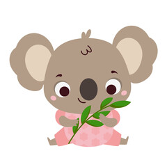 Cute koala with green branch. Cartoon animal character for kids and children