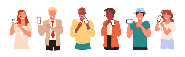 People point on empty screen of mobile phones set vector illustration. Cartoon male and female characters hold smartphone to use apps and show presenting gesture isolated on white. Connection concept