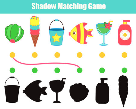 Shadow matching game. Summertime beach theme Kids activity. Find silhouettes of objects