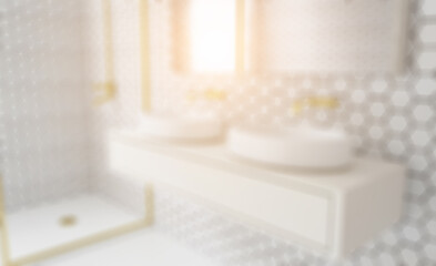 Obraz na płótnie Canvas Freestanding bath with towels in grey modern bathroom. 3D render. Abstract blur phototography.