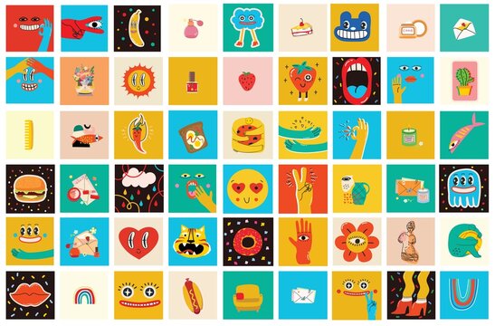 Big Set of Different colored Vector illustartions for posters in Cartoon Flat design. Hand drawn Abstract shapes, faces, different texture, greek elements, funny Comic characters.