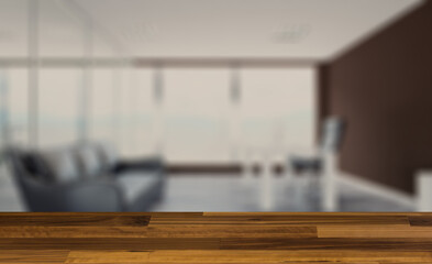Background with empty table. Flooring. Modern office building interior. 3D rendering.