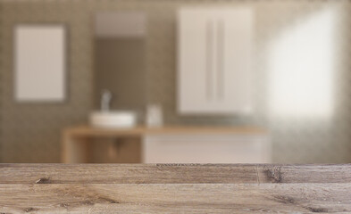 Modern bathroom including bath and sink. 3D rendering.. Mockup.. Background with empty table. Flooring.