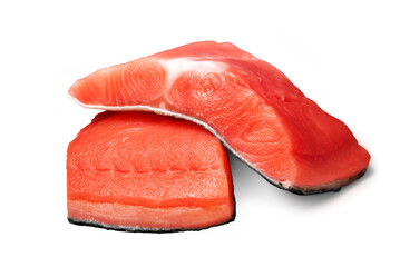 Two pieces of salmon stacked on each other isolated on white background