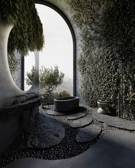 3d render illustration mockup. Huge dark conceptual house with stone and concrete walls. Beatiful mountain view in the window, bonsai and natural green decoration. 