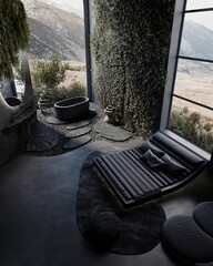 3d render illustration mockup. Huge dark conceptual house with stone and concrete walls. Beatiful mountain view in the window, bonsai and natural green decoration. 