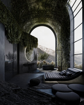 3d render illustration mockup. Huge dark conceptual house with stone and concrete walls. Beatiful mountain view in the window, bonsai and natural green decoration. 