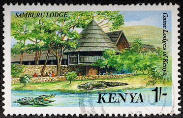 Kenya - circa 1988: Kenyan postage stamp depicts Game Lodges of Kenya. Around 1988.
