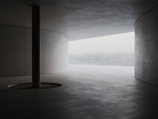 3d render illustration mockup. Big and empty concrete interiors with dramatic lightning and beatiful view