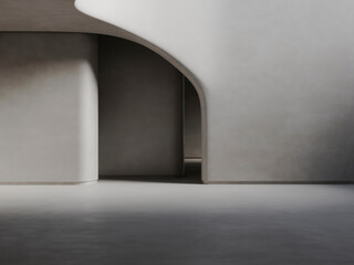 3d render illustration mockup. Big and empty concrete interior with dramatic lightning and curved walls