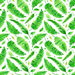 Fototapeta na wymiar Watercolor seamless pattern. Delicate tropical leaves isolated on white background. For fabric, paper, and other designer