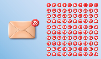 Three dimensional letter with red notification. Notice buttons with numbers from 1 to 99+. New message concept for social network, media, mobile apps, etc.
