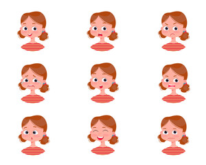 Isolated vector.A set of emotions on the girl's face. Girl's face with different expressions. Variety of children's emotions. School portrait avatars. Variety of teenager emotions.
