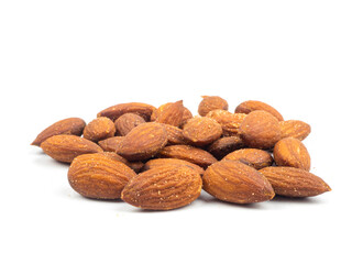 Salted almonds on white background.