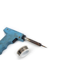 Soldering equipment. Solder and rosin isolated on white background. Copy space blank area for text.