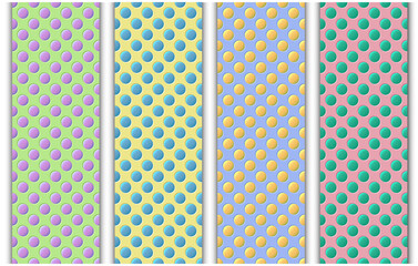 Set of four colorful geometric seamless patterns with polka dot. Abstract endless wallpaper, backdrop, background or wrapping paper concept. Vector illustration EPS 10