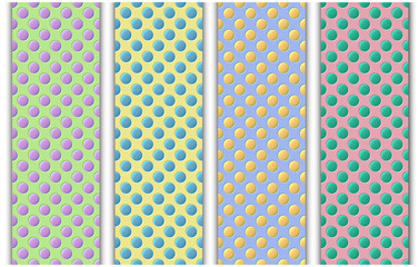 Set of four colorful geometric seamless patterns with polka dot. Abstract endless wallpaper, backdrop, background or wrapping paper concept. Vector illustration EPS 10