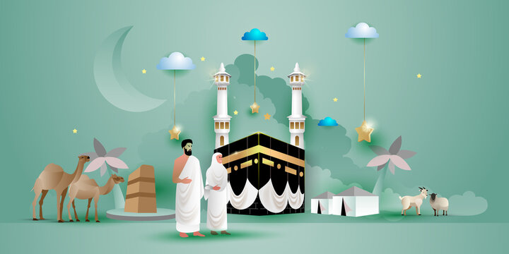 Hajj mabrour illustration, typography in arabic and english means "may Allah accept your hajj. Vector illustration