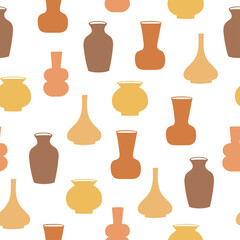 Seamless pattern of hand drawn vases. Clay pottery in pastel colors on white background 