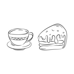 Coffee cup, cake icons set. Sketch style, hand drawn doodle black brush stroke, thick line illustration. Outline isolated elements, white background