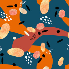 Modern colorful sunset patterns with watercolor stain elements, doodle, dot, memphis  Hand drawn contemporary abstract print. Creative template for branding design, packing, wrapping paper