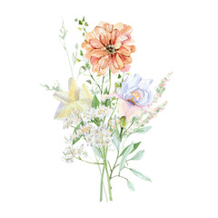 Watercolor field flowers arrangement illustration on isolated white background. Floral decor with bloom and green leaf branches bouquets for wedding stationary, greeting card