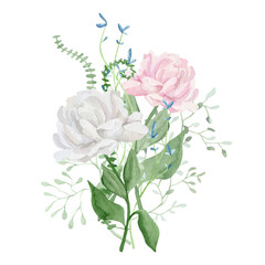 Watercolor floral arrangement illustration on isolated white background. Floral decor with wildflowers and green leaf branches bouquets for wedding stationary, greeting card