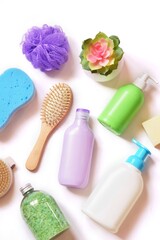Bath products, toiletries set on a white background flat lay photo. Purple sponge, green sea salt, organic shampoo, natural shower gel, wooden comb top view. Hair and skin care cosmetics