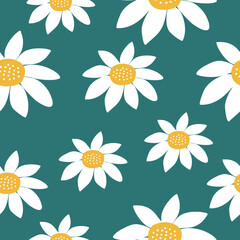 White flowers on a green background. Chamomiles hand drawn vector illustration. Floral seamless pattern.