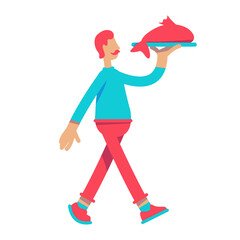 Mature man with mustache and fish on tray semi flat color vector character. Walking figure. Full body person on white. Simple cartoon style illustration for web graphic design and animation