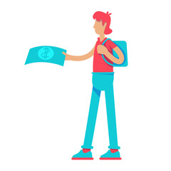 Young man offering banknote semi flat color vector character. Giving money. Standing figure. Full body person on white. Simple cartoon style illustration for web graphic design and animation