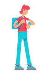 Young man looking at wrist watch semi flat color vector character. Standing figure. Full body person on white. Simple cartoon style illustration for web graphic design and animation