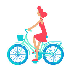 Fototapeta na wymiar Young carefree lady riding bicycle semi flat color vector character. Posing figure. Full body person on white. Simple cartoon style illustration for web graphic design and animation