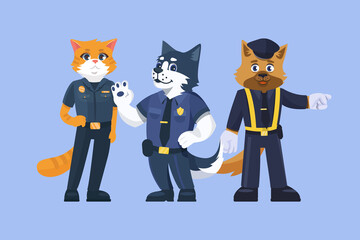 Cartoon animals cat and dog policeman in uniform. Flat vector illustration