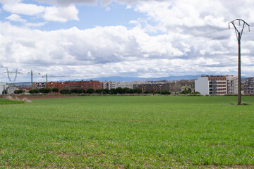 Obraz premium Paisajes de campos de cultivo un día nublado.