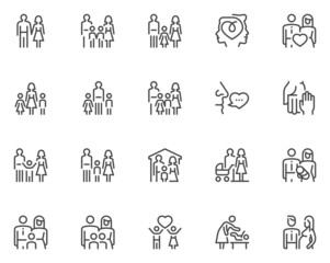 Set of Vector Line Icons Related to Family. Mother, Father and Children in a New House. Marriage, Motherhood, Child. Editable Stroke. 48x48 Pixel Perfect.