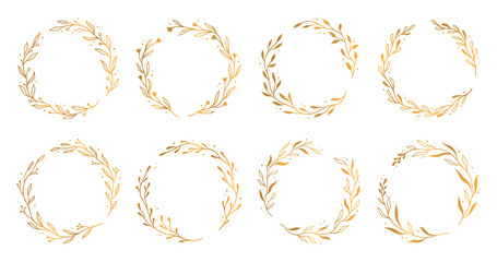 Gold circle frame, elegant wreath round border. Hand drawn doodle sketch style. Floral circle frame, flourish design element for wedding, greeting card. Vector illustration.