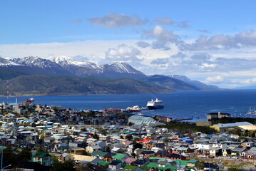 Fototapeta premium View from the top of hill to Ushuaia town in Patagonia Argentina and channel of Beagle. High quality photo