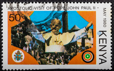 Kenya - circa 1980: A Kenyan postage stamp depicts Visit of Pope John Paul II to Kenya. Circa 1980.