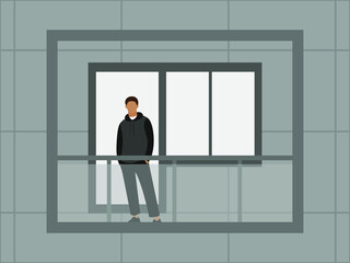 A male character stands on a balcony with a glass partition