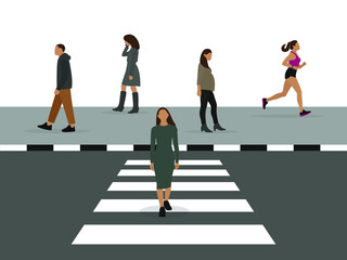 Male and female characters walk along the sidewalk and crosswalk