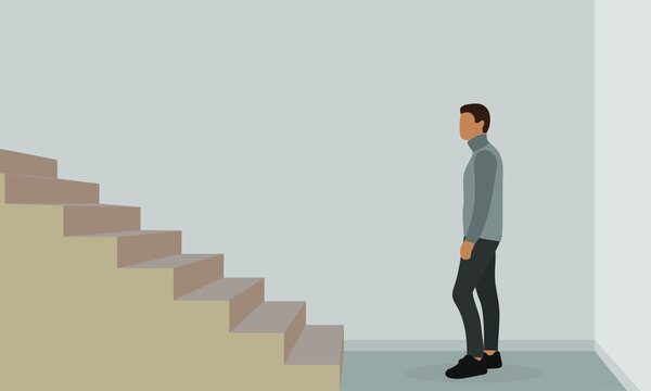 Male character stands in front of stairs indoors