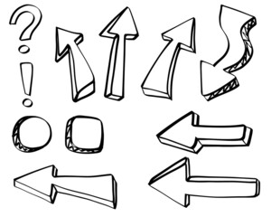 Doodle line hand drawn curved voluminous arrows isolated. Sketch set cute isolated black collection for office.