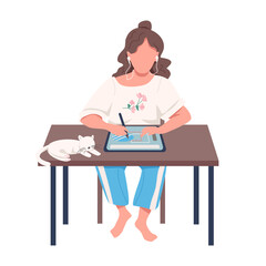 Digital designer with cat semi flat color vector character. Sitting figure. Remote work. Full body person on white. Simple cartoon style illustration for web graphic design and animation