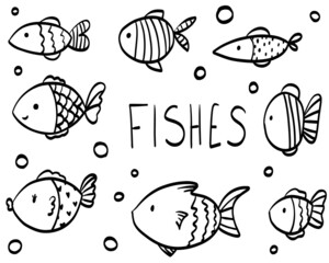 Cute baby fishes isolated line set doodles isolated. Hand drawn vector illustrations collection sketch sea.